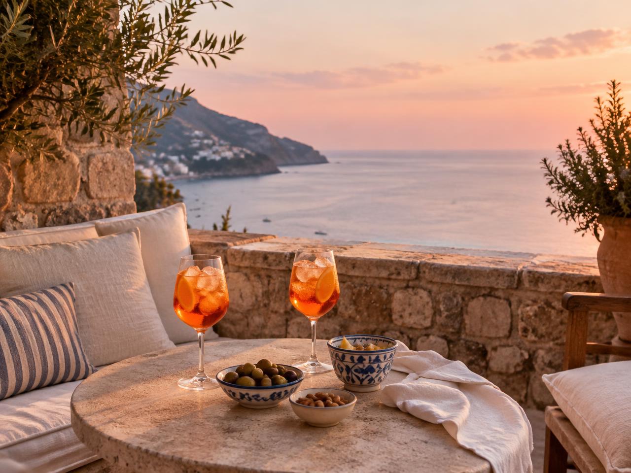 Aperitivo al tramonto su tavolo in pietra con vista sulla costa