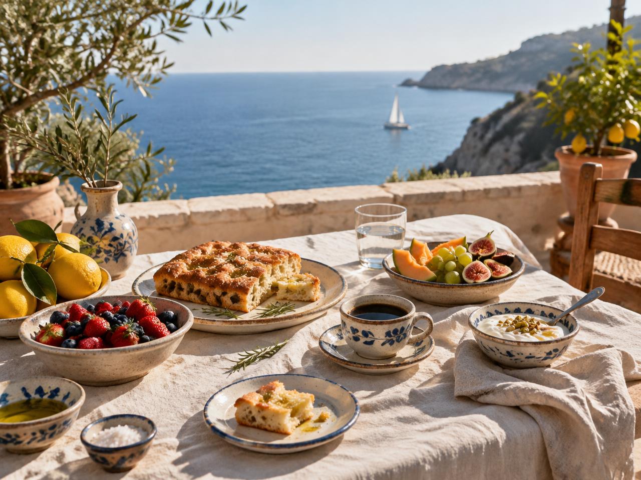 Colazione mediterranea su tavola in lino con focaccia, frutta e vista mare