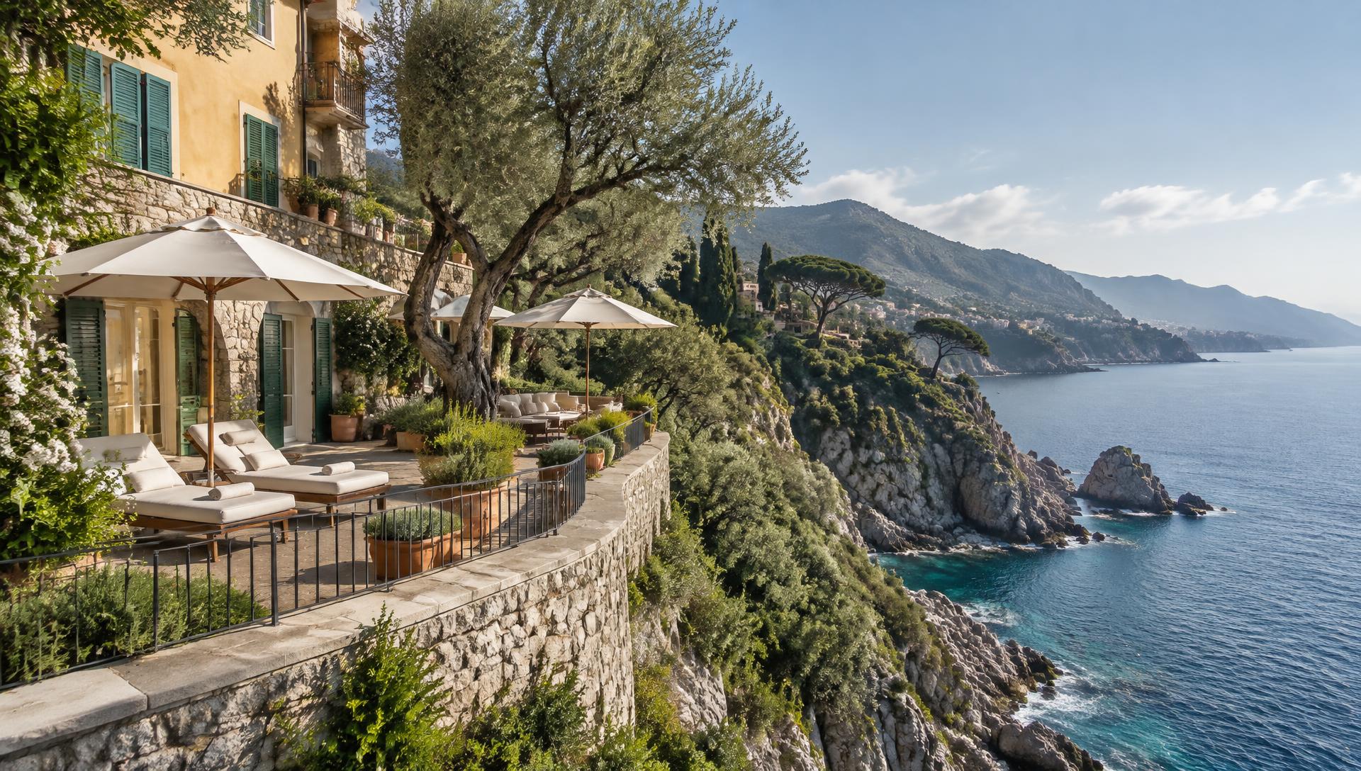 Villa in pietra chiara con terrazza, ulivo e ombrelloni affacciata sulle scogliere della Riviera