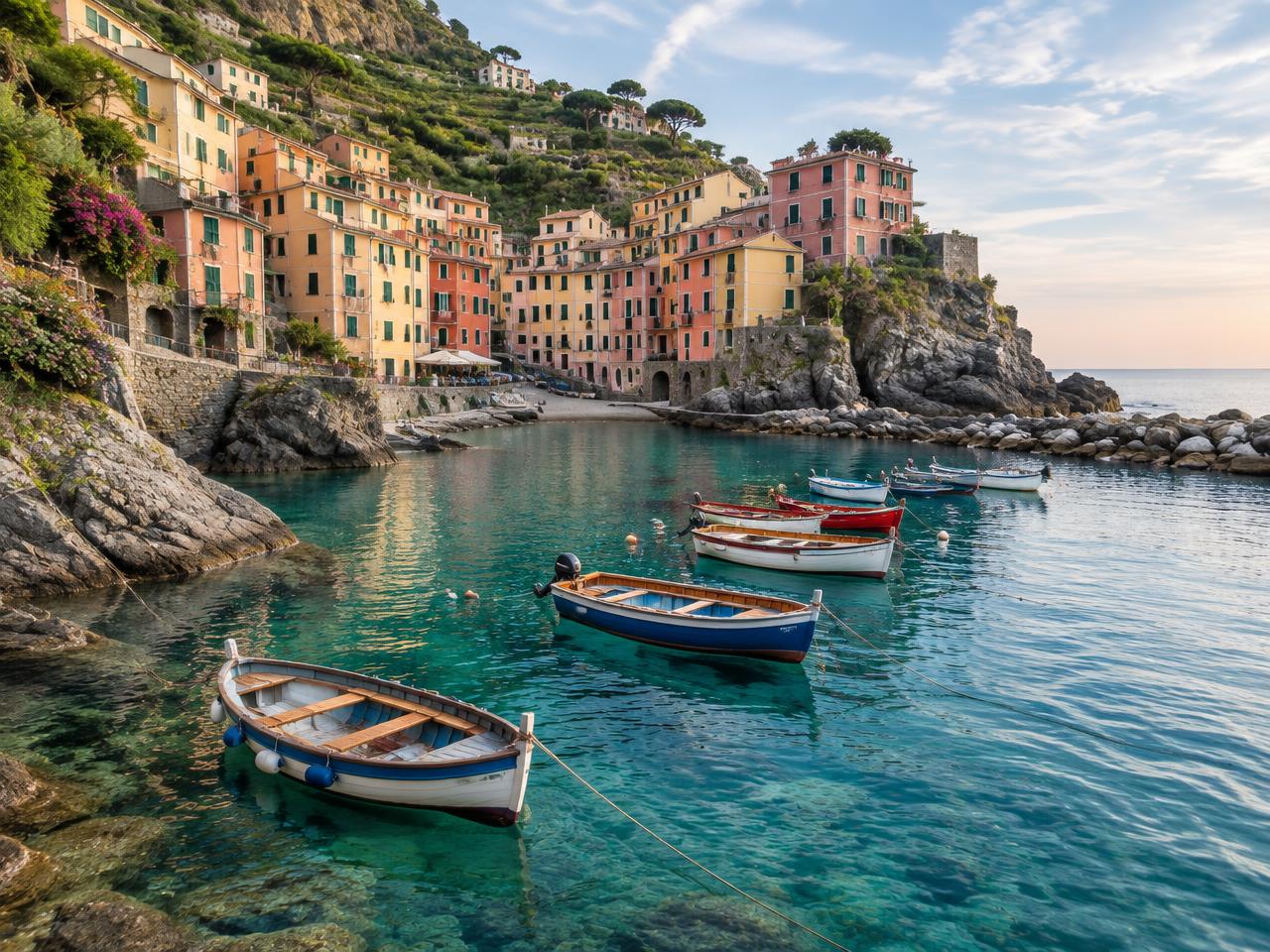 Borgo ligure con case color pastello e barche di legno in una cala turchese