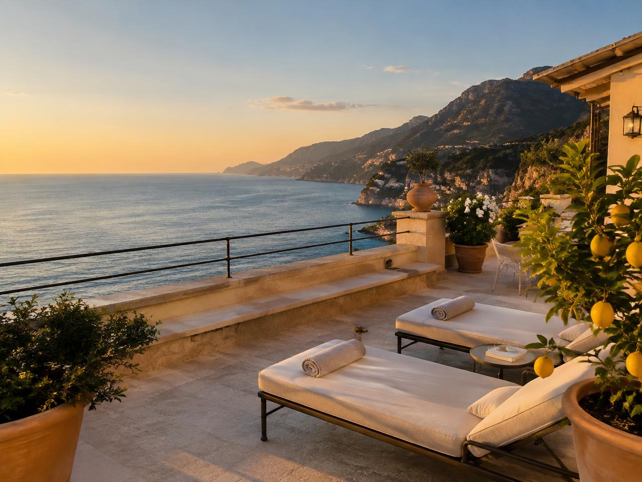 Suite con ampia terrazza privata, lettini in lino e limoni al tramonto sul mare