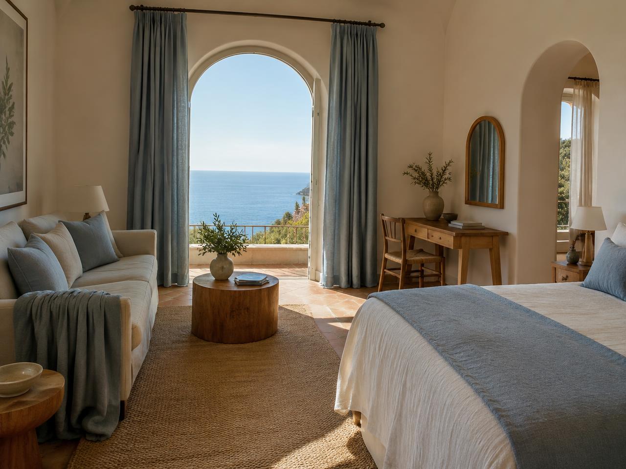 Junior suite con divano in lino, tessuti azzurro polvere e finestra ad arco sull'orizzonte